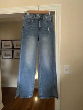 VervetLight Blue Wide-Leg High-Rise Jeans with Front Hem Slits